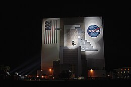 Repair work after Hurricane Frances Vehicle Assembly Building damage from Hurricane Frances night view.jpg