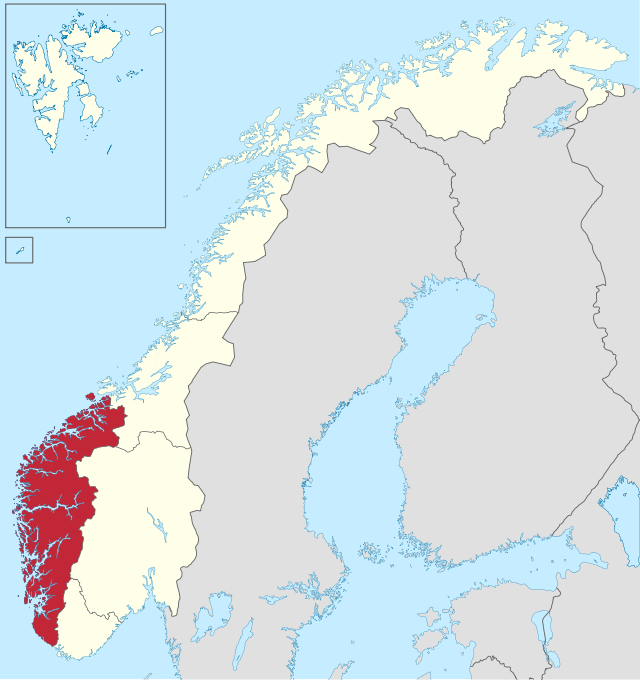 Região da Noruega Ocidental destacada em vermelho
