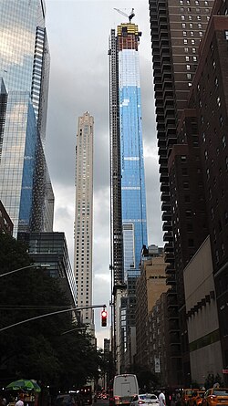 Looking east along 58th Street at Central Park Tower (right) and 220 Central Park South (left) in September 2019