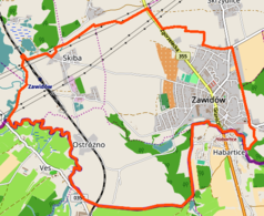 Mapa konturowa Zawidowa, po prawej znajduje się punkt z opisem „Wieża kościoła ewangelickiego”