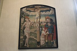 Tableau XVIe siècle représentant saint Sébastien et saint Roch entourant le Christ crucifié.