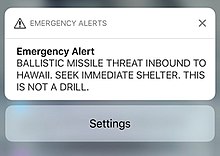 Warnmeldung des falschen Raketenalarms auf Hawaii 2018