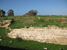 A ruined wall made of stones, covered with soil