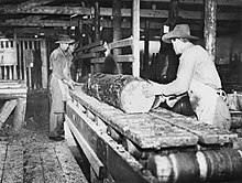 Black and white photo of three men wearing military uniforms handling a log on a bench inside a building