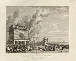 暴徒に焼き討ちされるパリの入市税関[22]（7月12日）（ベルトローによる銅版画）