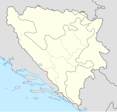 Mapa konturowa Bośni i Hercegowiny, blisko centrum na dole znajduje się punkt z opisem „Stary Most w Mostarze”