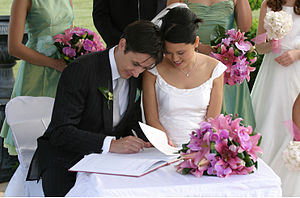 The bride and groom sign the book after their ...