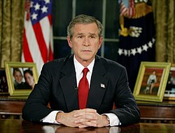 President George W. Bush addresses the nation from the Oval Office, March 19, 2003, to announce the beginning of Operation Iraqi Freedom. "The people of the United States and our friends and allies will not live at the mercy of an outlaw regime that threatens the peace with weapons of mass murder." The Senate committee found that many of the administration's pre-war statements about Iraqi WMD were not supported by the underlying intelligence. Bush announces Operation Iraqi Freedom 2003.jpg