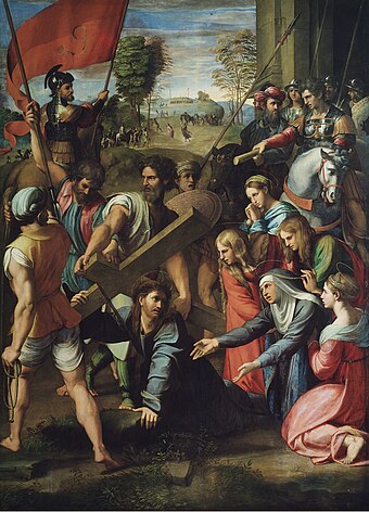 Pašijový motiv nesení kříže zpracoval Ital Raffael Santi v obraze Kristovy pády na cestě ke Kalvárii (cca 1516, Museo del Prado)