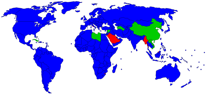 Bu harita, Haziran 2019 tarihinde demokrasiyi benimseyen (veya benimsemeyen) hükümetleri göstermektedir.