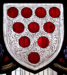 Arabesque-like diapering on the field of the shield of the See of Worcester: Argent, ten torteaux four, three, two, and one Diapering on Diocese of Worcester shield.jpg