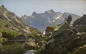 Le lac Merlat et la grande Lauzière, tableau d'Édouard Brun de 1901.