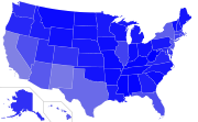 English language prevalence in the United States. The deeper the shade of blue, the higher the percentage of English speakers in the state.