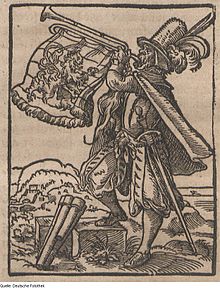 Woodcut by Tommaso Garzoni depicting a town crier with a trumpet Fotothek df tg 0007253 Standebuch ^ Beruf ^ Ausrufer.jpg