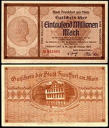 1000 million Mark Notgeld banknote (1923) of Frankfurt am Main Frankfurt 1000 Millionen 1923.jpg