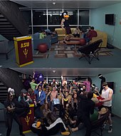 Two screenshots from before and after the drop in a Harlem Shake video Harlem Shake meme B-Town ASU.jpg