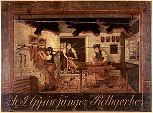 Tannery in Liestal; two tanners with a pipe in their mouth. Wooden sign, around 1820