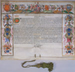 Handwritten document with a wide ornamental border on the left/right and top side. A seal is attached to the bottom of the document via a cord.