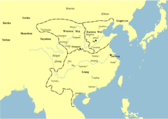 Karta över Liangdynastin, Östra Weidynastin och Västra Weidynastin.
