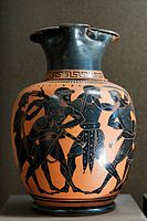 Dispute between Ajax and Odysseus for Achilles' armour. Attic black-figure oinochoe, ca. 520 BC. Kalos inscription. H. 20 cm (7 ¾ in.), Diam. 13.7 cm (5 ¼ in.)