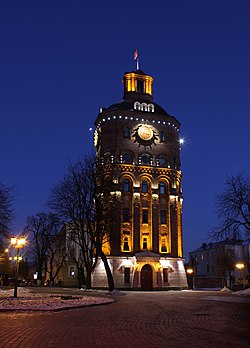 The former water tower in the center of Vinnytsia, Ukraine (now the War Veterans' Museum). View in the winter evening.