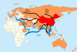 Kart over Eurasia-kontinentet med planlagte handelsruter.