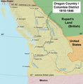 Mappa dell'Oregon Country fino al 1848 con la linea di spartizione tra Statunitensi e Britannici