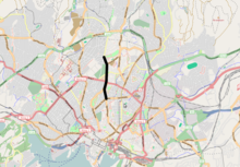 Straßen-Karte von Oslo. Schwarz hervorgehoben ist eine weitgehend in Nord-Süd-Richtung verlaufende Straße