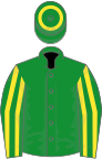 Green, yellow striped sleeves and hoop on cap