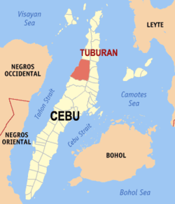 Mapa ng Cebu na nagpapakita sa lokasyon ng Tuburan.
