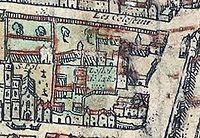 En haut de l'image, la rue du Petit-Musc, appelée alors « rue des Célestins » (plan de Braun et Hogenberg, vers 1530).