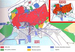 העיר ב-1890 וב-1914. ה'מדינה' באדום ורשת הרחובות של העיר החדשה משתרע בינה לבין אגם תוניס