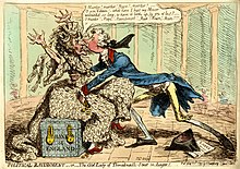 Satirical cartoon protesting against the introduction of paper money, by James Gillray, 1797. The "Old Lady of Threadneedle St" (the bank personified) is ravished by William Pitt the Younger. Political-ravishment, or the old lady of Threadneedle-Street in danger! (BM 1851,0901.869).jpg