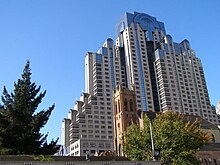 The San Francisco Marriott Marquis in San Francisco, California, a notable example of post-modern futurism, was designed by the architect Anthony J. Lumsden (1989). It is topped with a jukebox-shaped glass tower. San Francisco Marriott Marquis.jpg