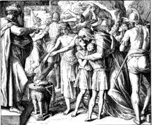 Woodcut of the Seleucid persecution depicting martyrs refusing to sacrifice from Die Bibel in Bildern Schnorr von Carolsfeld Bibel in Bildern 1860 155.png
