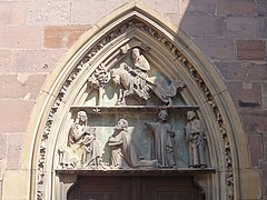 14th-century tympanum: Saint Maurice on horseback, and the Adoration of the Magi