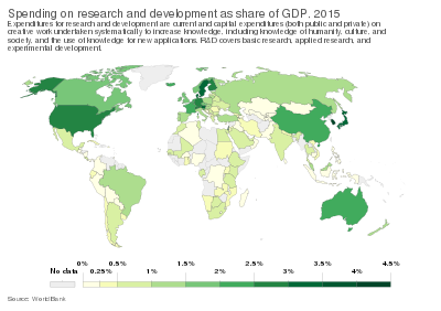 Spending on research and development as share of GDP (2015) Spending on research and development as share of GDP, OWID.svg