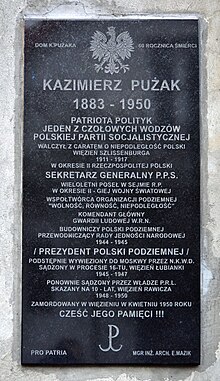Tablica upamiętniająca Kazimierza Pużaka ul. Byczyńska 1