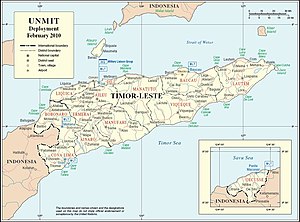 A map of East Timor marked with the locations of Locations of UNMIT military liaison teams