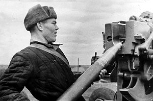 Заряжающий 6-й батареи 732-го зенитно-артиллерийского полка Волокитин у 85-мм зенитного орудия 52-К. Тульская область, октябрь 1941 года.