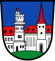 Markt Burghaslach Auf grünem Boden in Blau nebeneinander eine silberne Burg und eine silberne Kirche mit roten Dächern.