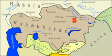 The 18,000 km expanse of the Semipalatinsk Test Site (indicated in red), which covers an area the size of Wales. The Soviet Union conducted 456 nuclear tests at Semipalatinsk from 1949 until 1989 with little regard for their effect on the local people or environment. The full impact of radiation exposure was hidden for many years by Soviet authorities and has only come to light since the test site closed in 1991. Wfm sts overview.png