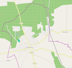 Mapa konturowa Łaskarzewa, blisko centrum na dole znajduje się punkt z opisem „Kościół Podwyższenia Krzyża Świętego w Łaskarzewie”