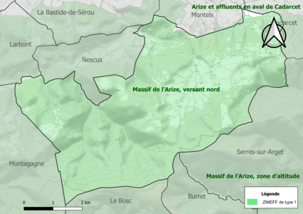 Carte des ZNIEFF de type 1 sur la commune.