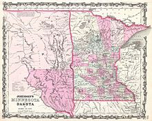 1862 Johnson Map showing Brown County was much bigger at the time of the Sioux Uprising and would be later broken up into several other counties 1862 Johnson Map of Minnesota and Dakota - Geographicus - MNDK-johnson-1862.jpg