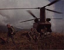 Soldiers depart at CH-47 during Operation Masher in 1966 1st Cavalry troops deploy from CH-47, Operation Masher, February 1966.jpg