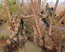 Colour photograph of two marines climbing over a tree-lined, water-filled ditch.