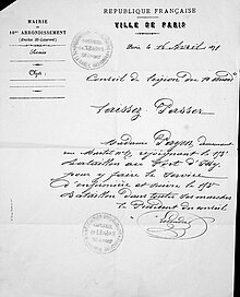 Scan of a pass used by Alix Payen. It reads: 'Paris, April 16th 1871. Legion Council of the tenth arrondissement. Let Madame Payen pass, living at number 17 rue Martel, joining the hundred and fifty-third battalion at the fort of Issy to do military service there and to follow the hundred and fifty-third battalion in all its marches. The president of the council, Leroudier.