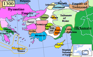English: Map of the Anatolia region in AD 1300...