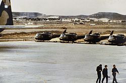 UH-1H Iroquois "Huey" helicopters, at Comodoro Rivadavia Airport. These ones were to be transported to the islands by C-130H "Hercules" aircraft and their rotors had been removed. Argentine Hueys.jpg